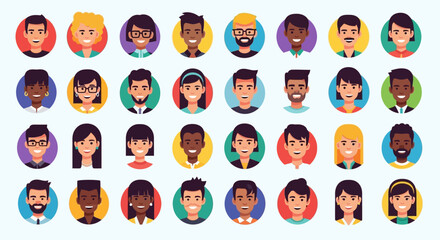 Flat Diverse Cartoon People Avatar Icon Set in Circular Frames