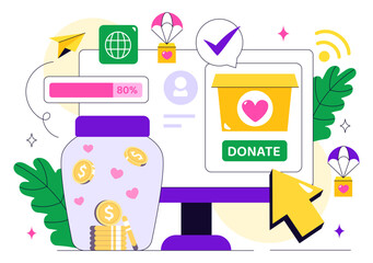 Online Fundraising Illustration Featuring a Fundraiser with a Heart to Symbolize Support and Humanitarian Assistance, Donation, and Helping Others