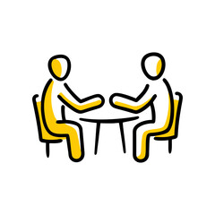 Two stylized yellow figures sitting opposite each other on chairs