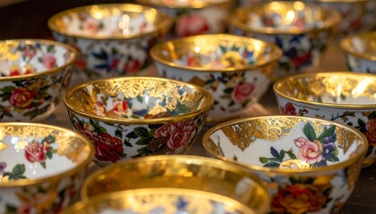 Ornate floral bowls with gold trim
