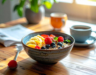 Close-up of healthy breakfast bowl with fruits, coffee and newspaper on wooden table, lifestyle food photography, natural daylight