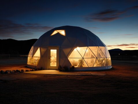Illuminated geodesic dome home with glass glows invitingly against a darkening desert landscape at twilight.