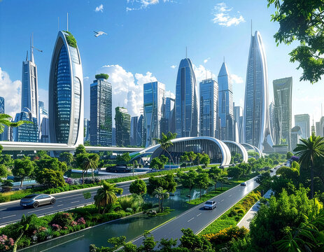 Futuristic smart city skyline with autonomous vehicles, eco-friendly architecture, clear sky, cinematic ultra realistic
