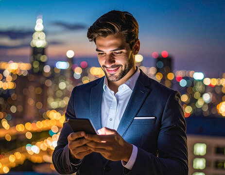 Businessman using smartphone on rooftop with city night skyline, bokeh lights, cinematic style, ultra realistic