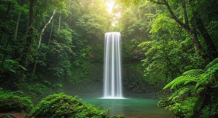 Waterfall flowing into pool surrounded by lush forest