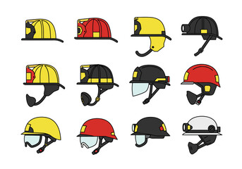 Image shows twelve firefighter helmets varying in color and design set against a white backdrop