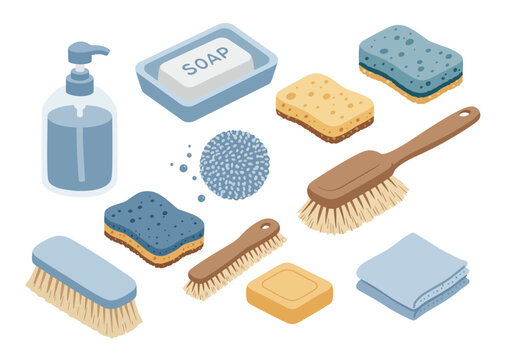 Isometric layout of cleaning items brushes sponges soap liquid soap dishcloth and a scrub pad