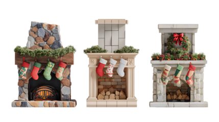 Christmas Fireplace Collection with Hanging Stockings in Rustic, Elegant, and Playful Variations isolated on transparent background