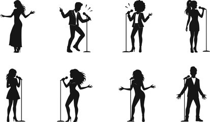 Obraz premium Silhouettes of male and female singers performing on stage with microphone, music concert illustration, vocal artists, live performance, entertainment show