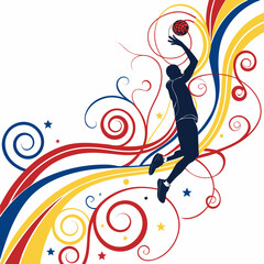 Basketball player jumping with ball and abstract colorful swirls