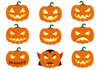 Nine cartoon pumpkins eight with jackolantern faces and one as a vampire