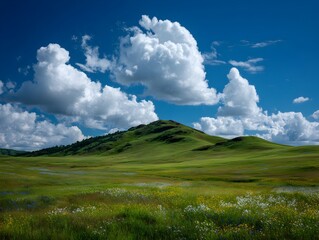 Obraz premium Lush green hill slopes gently under a bright blue sky filled with white fluffy clouds on a beautiful day.