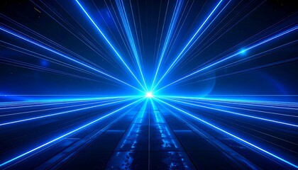 Futuristic, blue light streaks converge on a distant bright star