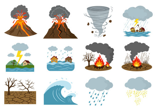 Twelve cartoonish drawings depict various natural disasters in separate rectangular frames