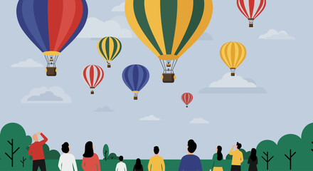 Fototapeta premium A vibrant flat design illustration depicting a diverse crowd of people gathered to watch a spectacular hot air balloon fiesta, conveying a sense of wonder and community. 