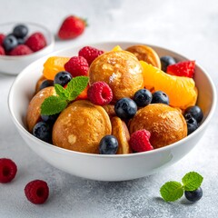 Colorful bowl of small pancakes with fresh fruit