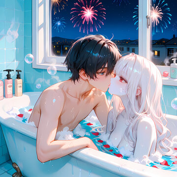 入浴中のカップル。アルビノの少女と碧眼の青年のバスタイム。日本の漫画風のAIイラスト