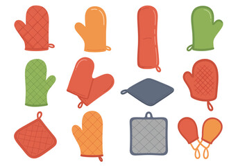 Various kitchen oven mitts and pot holders in assorted colors and designs