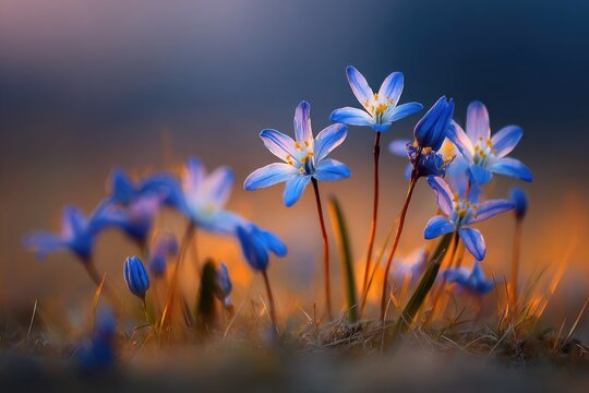 Sunset illuminates a cluster of delicate blue spring flowers emerging from dry grass