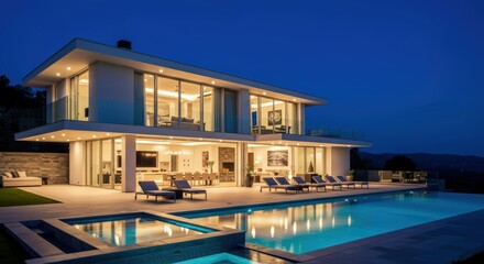 Fototapeta premium The same modern mansion at night. The interior is brilliantly lit, showcasing the luxurious decor. The infinity pool is illuminated from within, glowing against the dark landscape.