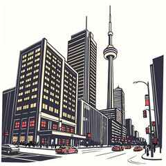 Obraz premium Colorful illustration of a city skyline with CN Tower and skyscrapers