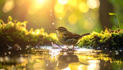 Bird bathing in shallow water