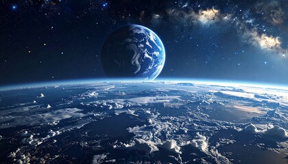Breathtaking view of the Earth from space, showcasing swirling clouds, atmospheric layers, and a star-filled cosmos
