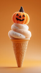 Fun ice cream cone top up with icing pumpkin candy. Halloween treats with sweet dessert