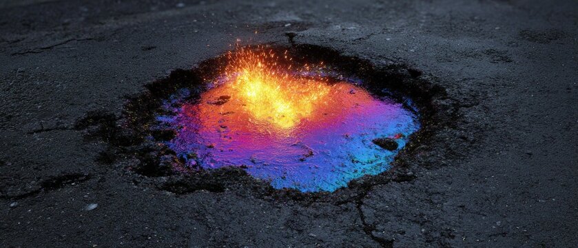 Multicolored oil slick shimmers in a dark cracked asphalt puddle, creating a vibrant and unnatural spectacle on the street surface.