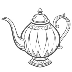 Elegant Teapot with Detailed Line Art and Geometric Patterns