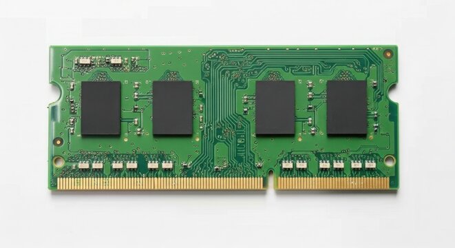 Close up of a green computer ram module with black chips