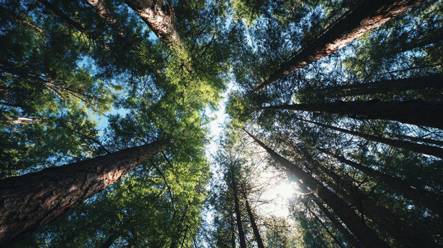 View from Forest Floor Looking Up at Tall Trees and Sky