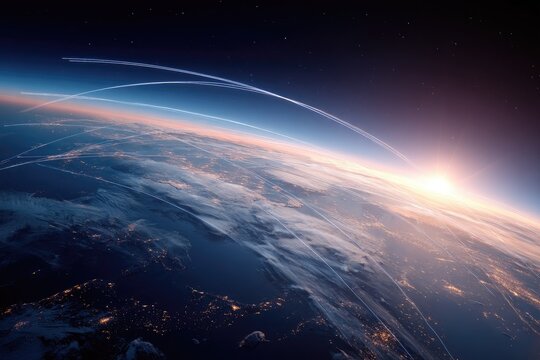 Sunrise over Earth, illuminated by glowing orbital network