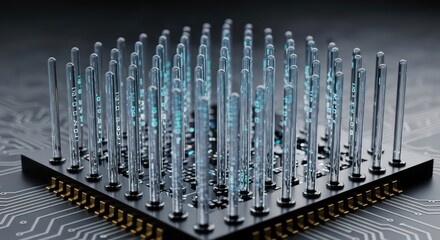 Quantum processor close-up with glowing binary code in glass tubes on circuit board