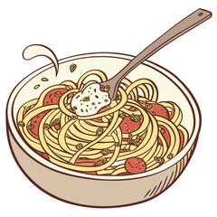 Fork scooping spaghetti with meatballs and creamy sauce Keywords: spaghetti, pasta, meatballs