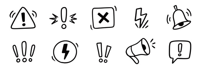 Doodle attention sign icon set. Hand drawn caution signs, warning marks and alert sketch symbols designed to exclamation sign, error or important attention icon doodle. Vector illustration