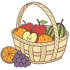 Fruit Basket With Apples Oranges Grapes Watermelon And Orange Slice