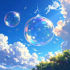 Colorful bubbles in a cloudy sky