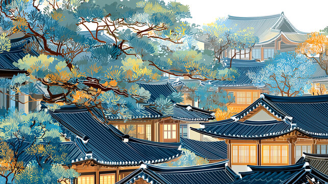 전주한옥마을에서 영감을 받은 한옥의 기와지붕, 일러스트레이션 스타일-Tiled roof of a Hanok inspired by Jeonju Hanok Village, illustration style
