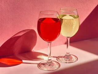 Two wine glasses, one filled with red and the other with white wine, casting shadows on a pink backdrop.