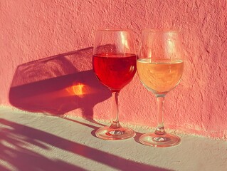 Two glasses with red and white wine stand in sunlight against a pink wall casting soft shadows outside.