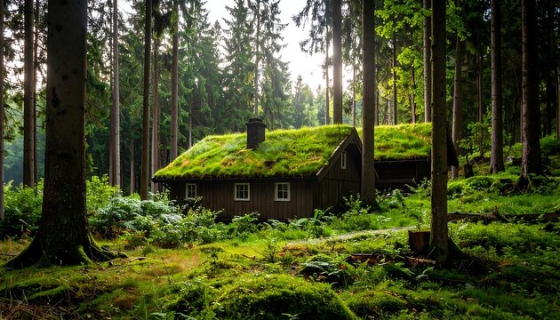 Moss-covered cabin nestled in a sunlit forest - Powered by Adobe