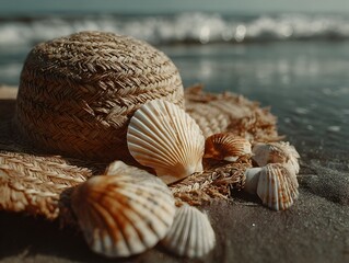 A straw hat adorned with seas rests peacefully on the sandy beach as gentle waves roll in behind it.