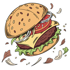 Hand drawn hamburger with falling ingredients on white background