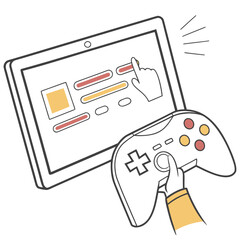 Hand holding game controller interacting with tablet screen