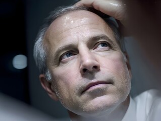 Mature man with a worried expression runs his fingers through his thinning hair while looking up thoughtfully.