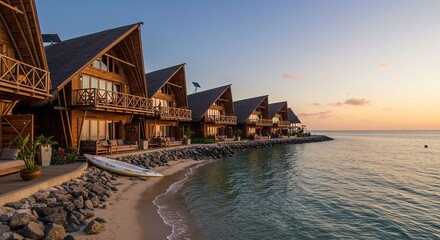 Luxury beachfront villas at sunset offering stunning ocean views for a relaxing vacation getaway, perfect for travel brochures