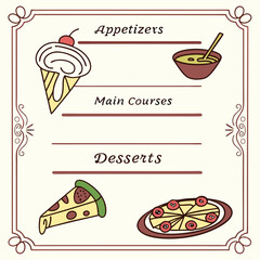 Illustrated Restaurant Menu with Food Icons and Sections