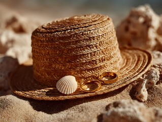 Two golden wedding s and a sea rest on a straw hat placed in beach sand on a sunny day.