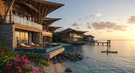 Luxury overwater bungalows with private pools and ocean views for ultimate relaxation and vacation bliss, perfect for travel and tourism concepts